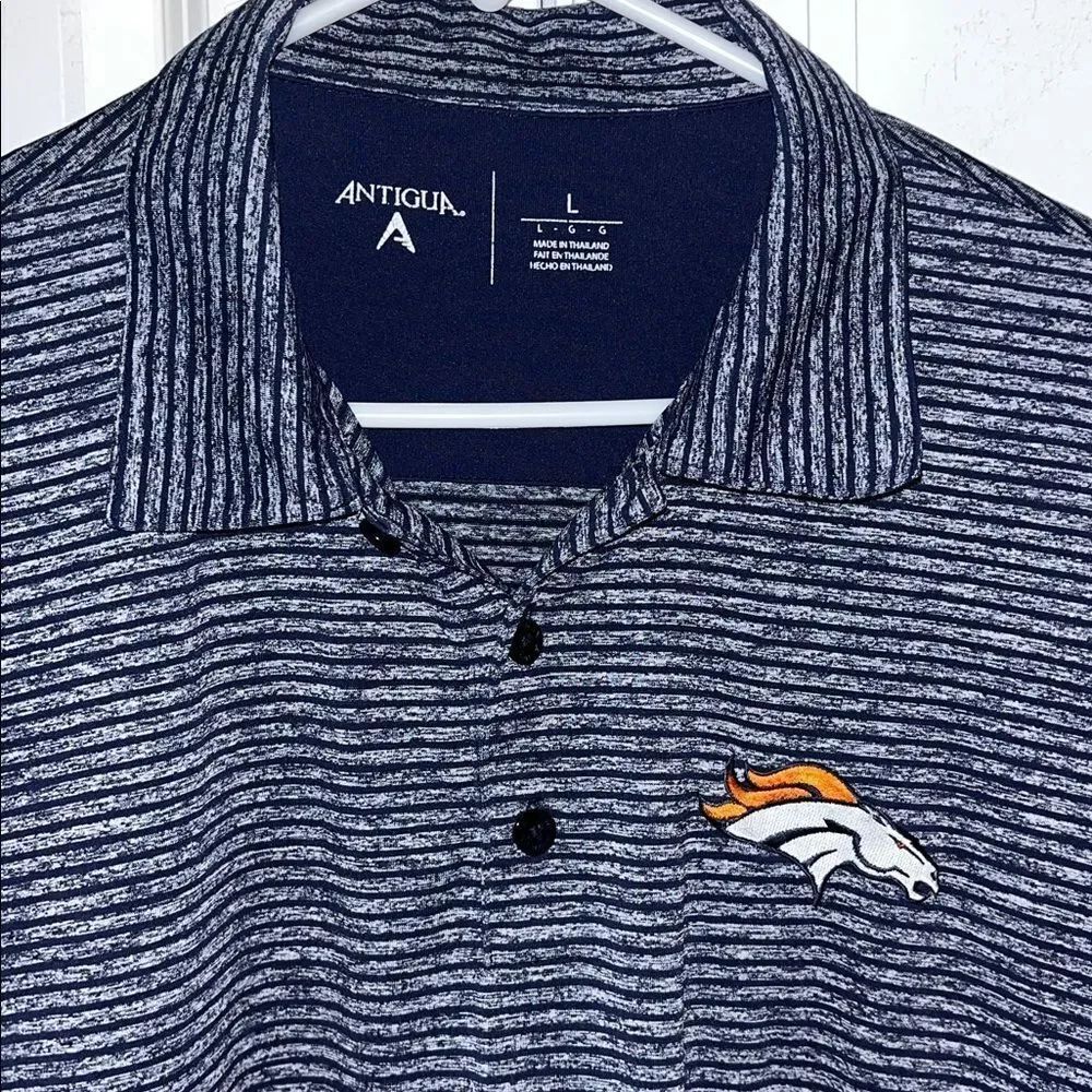 Denver Broncos NFL Blue Gray Stripe Golf polyester mens polo Shirt L Antigua